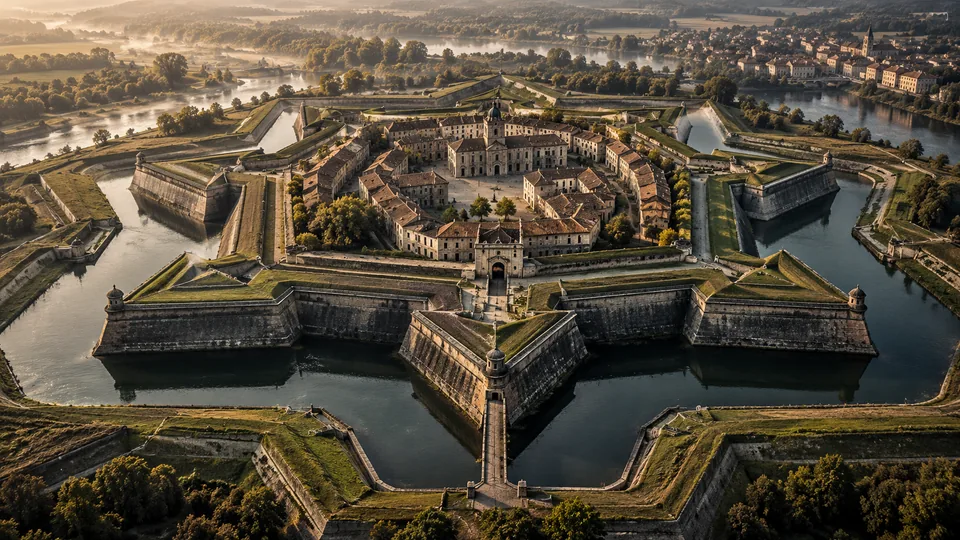 Illustrative aerial view of a historic star-shaped fortress surrounded by moats.