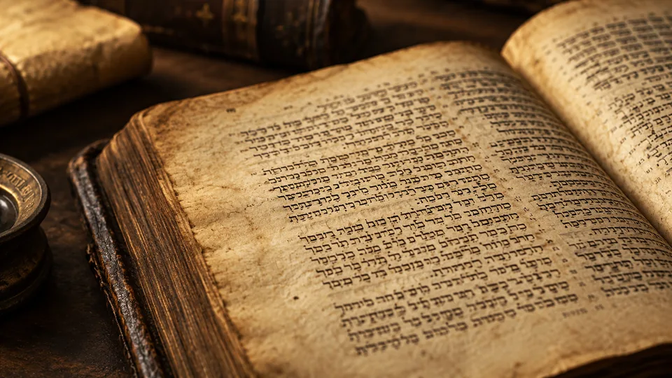 Illustrative close-up of an aged scriptural manuscript under warm light.
