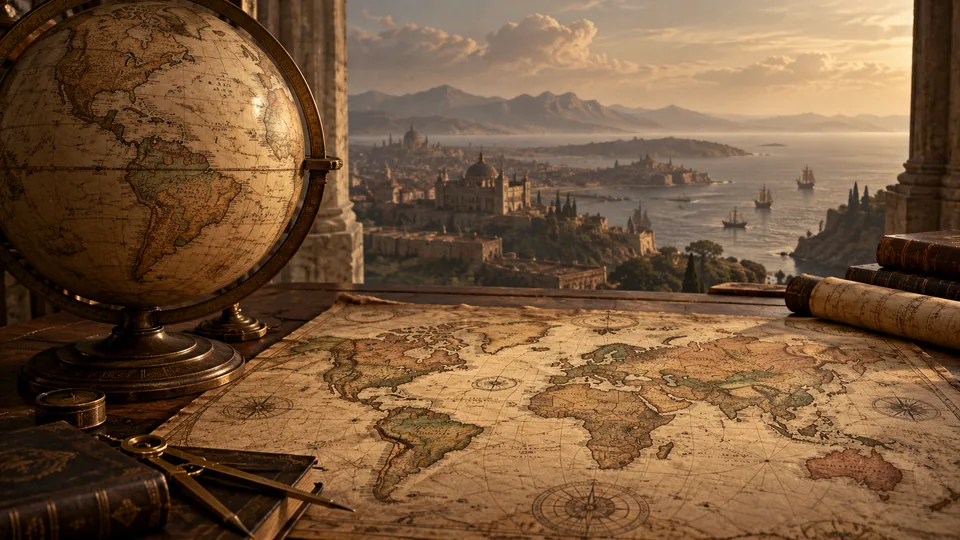 Illustrative cartographer’s desk with a globe and an antique world map.